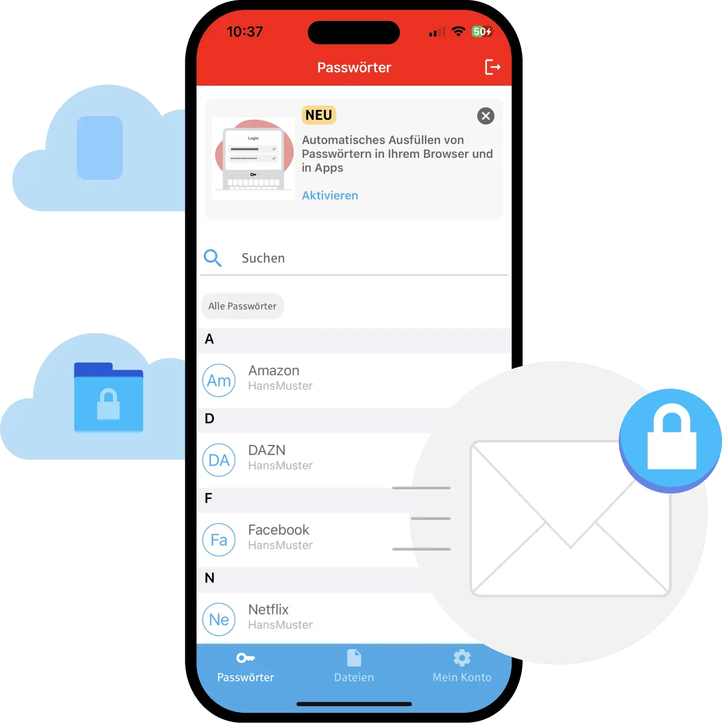 Ansicht des Passwortmanagers auf der mobile App Ansicht des Passwortmanagers auf der mobile App